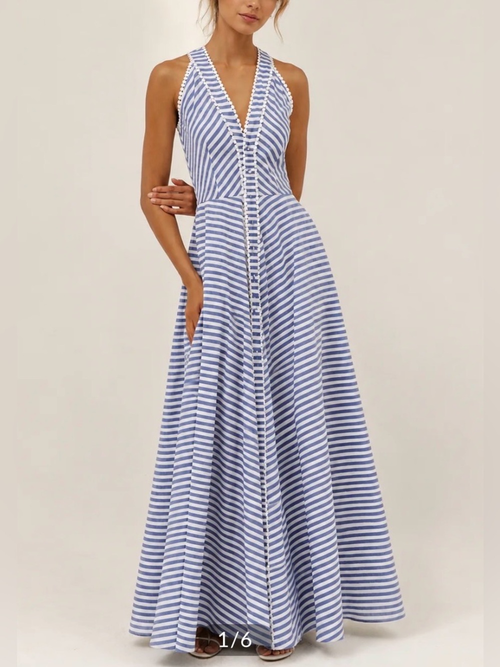Commense Blue and White Striped V-Neck Maxi Dress